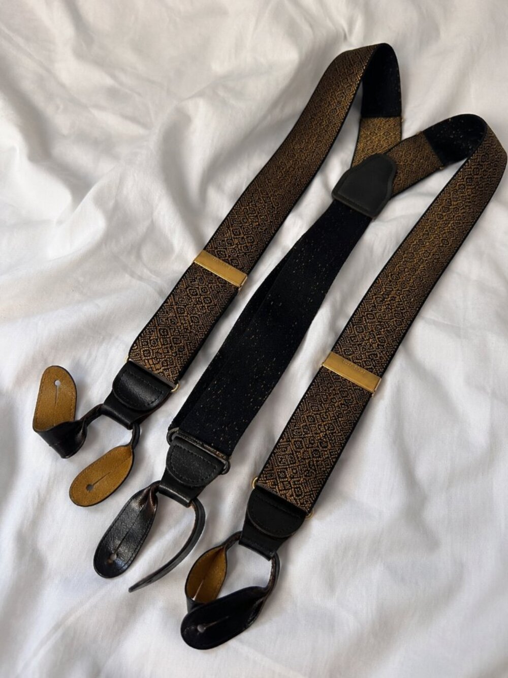 Vintage Solid Brass Leather Button Suspenders Black Gold Geometric Braces Y-Back